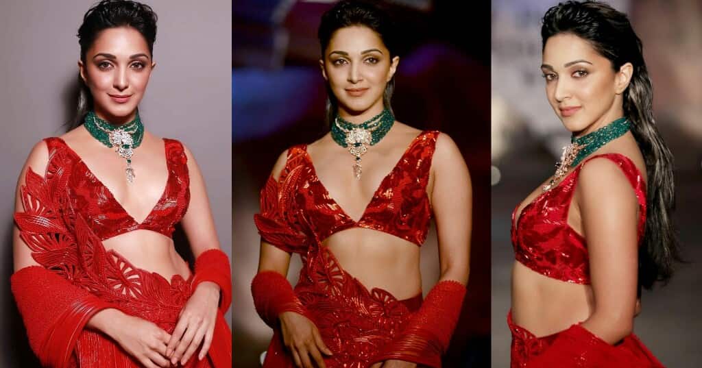 Actress Kiara Advani dazes in a dark red deep neckline outfit as she sizzles on the ramp.
